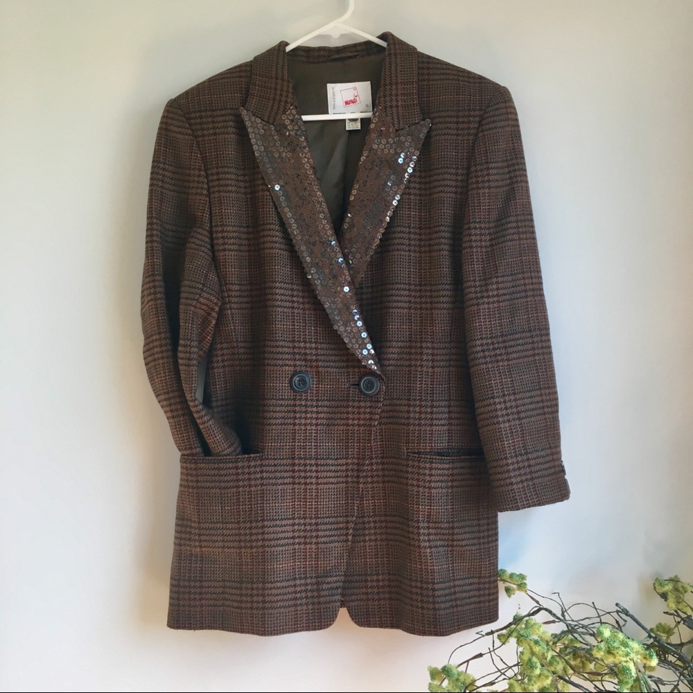 Vintage Mondi Brown Plaid Blazer with Sequin Lapel